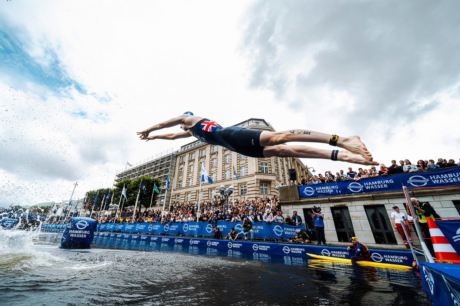Michael Gar diving into the water at the Hamburg World Championships, racing for Team GB